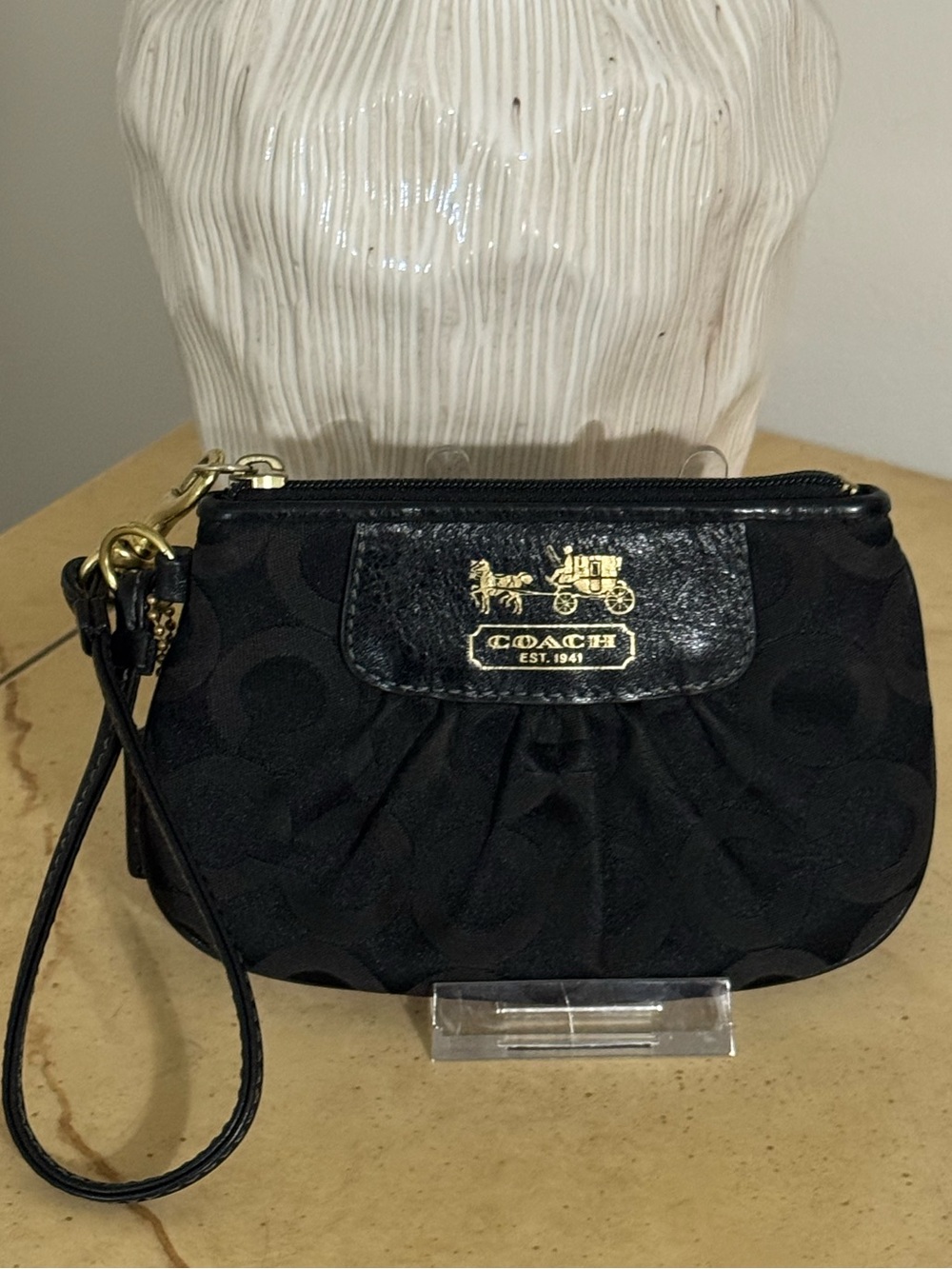 Coach Black Signature Wristlet with Gold Horse & Carriage Emblem